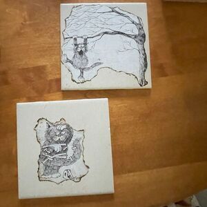 Lot of 2 Cat Ceramic Tiles Mischievous Troublemaker Kitties, Handmade Vintage.